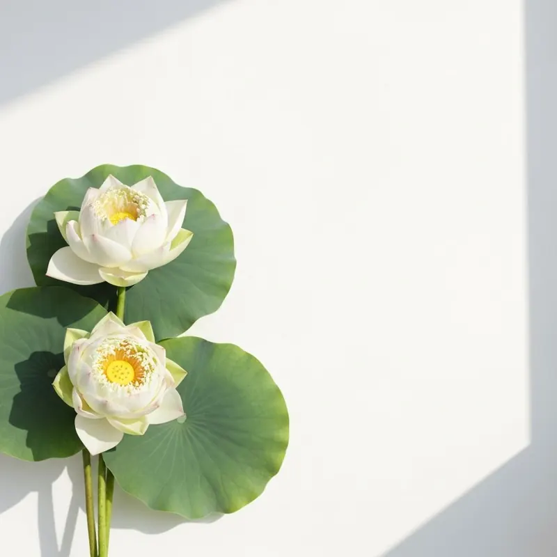 Flores de lótus brancas sobre folhas verdes em um ambiente tranquilo