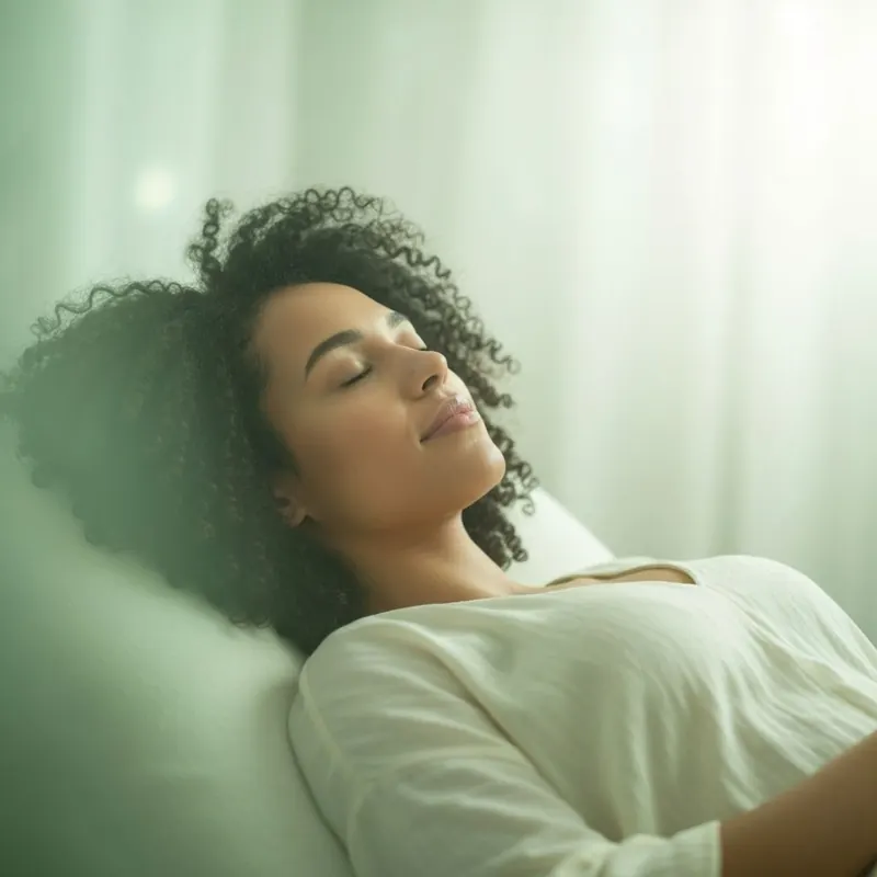 Mulher relaxada de olhos fechados em um ambiente sereno