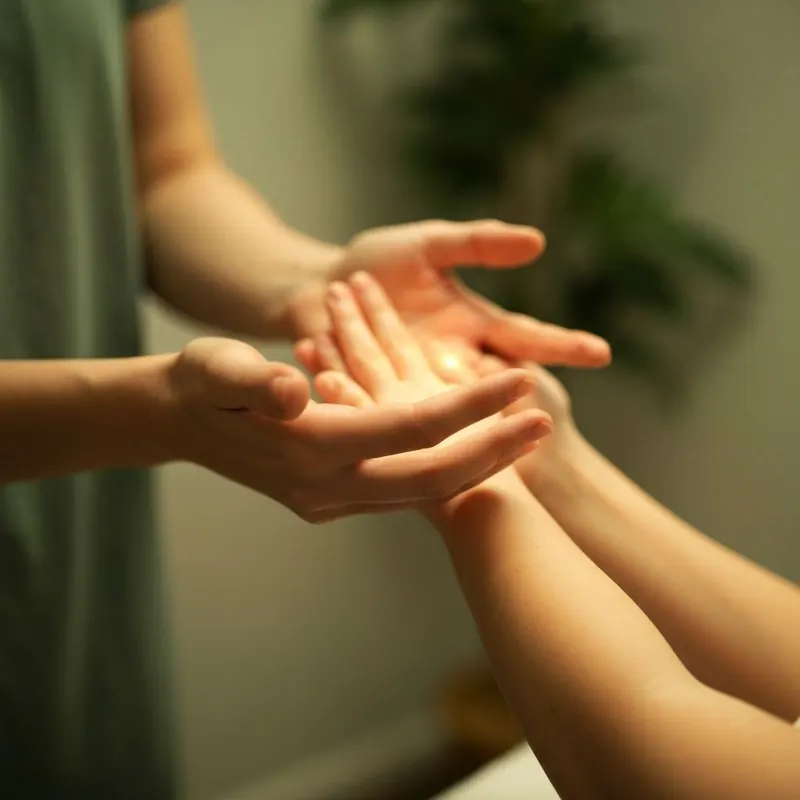 Mãos sobrepostas transmitindo energia durante uma sessão de Reiki